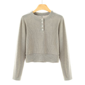 เสื้อสเวตเตอร์คอตั้งทรงเข้ารูปแขนยาวสไตล์หวาน เสื้อสเวตเตอร์ถักทรงสั้นฤดูใบไม้ร่วง แฟชั่นเกาหลี ชุดลำลอง เสื้อสเวตเตอร์ถัก