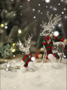 Crystal Christmas Reindeer Ornaments Transparent Deer Figurines with Plaid Scarf Festive Home Decor for Xmas Tree & Desktop Gift