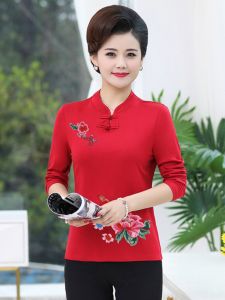 เสื้อยืดคอตั้งแขนยาวสีแดงปักลายสำหรับคุณแม่ผู้สูงอายุ เสื้อเชิ้ตทรงหลวมๆ สไตล์จีนโบราณ แขนยาว ปกติ คอตั้ง แขนยาว เสื้อเชิ้ต