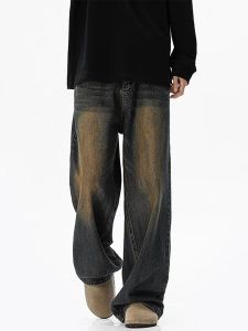American Style Vintage Faded Mens Jeans Autumn Trendy Loose Yellow Mud Dye Straight Leg Washed Wide Leg Casual Long Pants
