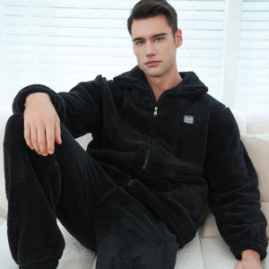 miiow | Mens Sleepwear Thickened Flannel Coral Fleece Lined Pajamas Set Warm Home Clothes Long Sleeve Zipper Closure Solid Color Polyester Fiber