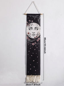 Moon Cherry Blossom Tapestry Boho Black Floral Wall Hanging with Tassels Aesthetic Tree of Life & Moon Face Art for Home Decor