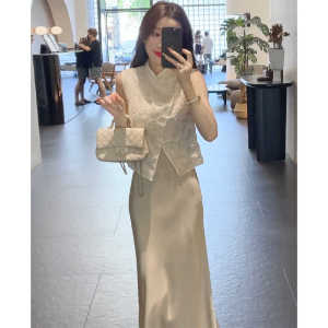 เรียบหรู ชุดสไตล์จีนใหม่พร้อมปุ่ม อ่อนโยน สว่าง เลื่อม เสื้อกั๊ก เสื้อท่อนบน ครึ่ง กระโปรง ชุดสองชิ้น ทันสมัย ชุดสุภาพสตรี