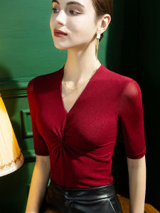 เสื้อยืดผ้าไหมน้ำแข็งคอวีแขนยาวสำหรับผู้หญิง เสื้อชั้นในผ้าตาข่าย ชุดเต้นรำ ชุดฤดูใบไม้ร่วง หรูหรา ทรงปกติ แขนยาว คอวี ผ้าตาข่าย ไหมน้ำแข็ง