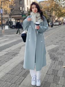 Blue Single-Sided Velvet Woolen Coat 2024 Fall and Winter New Arrival K-style Loose Mid Length Long Length Lace-up Woolen Coat Women
