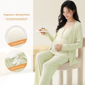 Miiow | Maternity Nightgown Women Summer Thin New Chest Pad Home Clothes Set Long Pants V-neck Buttoning Breastfeeding Ultra-thin Sleepwear