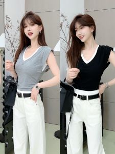 Justcc Womens T-shirt Simple Design Color Block V-neck Shoulder Length Sleeve Cotton Summer Commute Style Short Sleeve Top