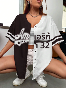 อเมริกาหมายเลข 32 เบสบอลTshirtผู้หญิงแฟชั่นแนวโน้มปุ่มStreetwearกีฬาขนาดใหญ่สบายๆการฝึกอบรมTeeเบสบอล