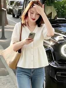 V-Neck Lace Embroidered Short Sleeve Shirt with Bubble Sleeves Slim Summer