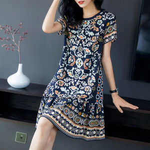 Silk Floral Print Dress Womens Miniature Summer Heavyweight Mulberry Silk round Neckline Loose Waist A-Line Midi Skirt