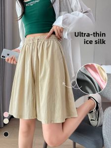 YAMIANNV | High Waist Ice Silk Drapey Wide Leg Short Pants For Plus Size Women Summer Street Style Nylon Spandex Blend Comfortable Fit
