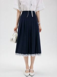 Navy Blue Lace Skirt Pleated Design For Workwear
