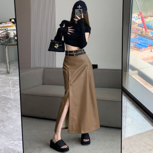 Váy Da PU Màu Kaki Cạp Cao Chữ a Dài Vừa Phải Cho Nữ Mùa Thu Thiết Kế Đôi Thắt Lưng Váy Midi Hở Lưng Váy Ngắn