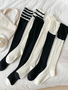 2024 Summer Womens Thin Socks Hold-Ups over the Knee Stockings Black and White Color Matching Knee High British Style Female Student Cotton Socks