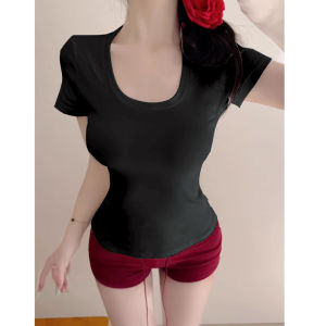Summer U-neck Short Sleeve T-shirt Womens Pure Desire Spicy Waist-cinching Korean Style Tea Ceremony White Top Shirt