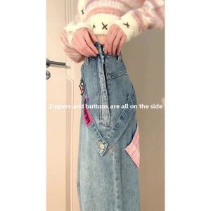 plus Size Side Zipper Wide Leg Jeans Womens Autumn Winter Loose Drapey Straight Leg Trousers American Style Low Waist Denim