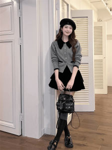 Elegant Black Pleated Skirt Set for Women Spring Fashion Outerwear Matching Knitted Sweater Quality Material Button Closure