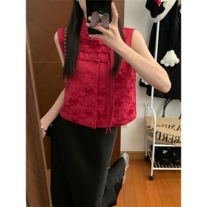 Elegant Red Button Short Vest Womens Fashion Retro Tassel Blouse Commute Polyester Fiber Pure Color Summer New Arrival
