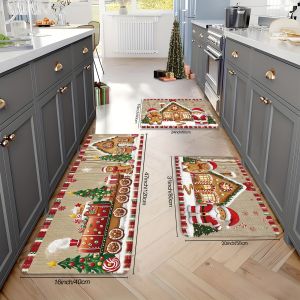 VIKAMA Merry Christmas Kitchen Mat Christmas Tree Rug House Santa Tree Kitchen Rugs Living Room Carpet Home Decor Welcome Door
