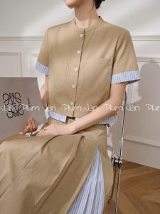 Bộ Áo Cardigan Túi Ngắn Tay & Chân Váy Màu Khaki Vintage