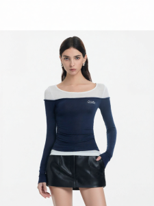 CALLED BACK | Contrast Color Stretch Fitted Patched Layered Long Sleeve T-Shirt