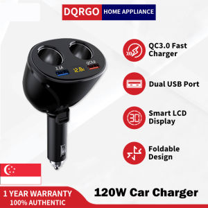 DQRGO [1 Year Warranty] 120W Super Fast Charger Foldable Quick Charge 3.1A Dual USB Car Charger 2 Port Output LCD Display PD+QC Adapter for iPhone 13 Pro Max Samsung S22 Huawei P30 iPad 12-24V Car
