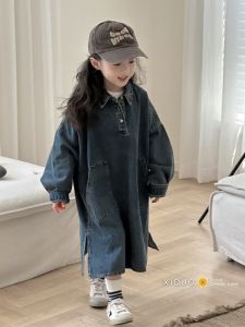 Girl K-style Autumn Clothing Loose and Lazy Style Dress 2024 Womens Baoyang Style Lapel Elegant Denim Shirt Dress