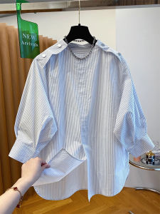 AIYITI | Summer Blue Striped Short Sleeve Shirt Womens Plus Size Fashionable Belly Covering Top Korean Style Loose Fit Round Neck