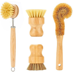 Bamboo Dish Brushes Set 5Pcs Natural Wooden Kitchen Clean Brush Dish Scrubber Pot Bowl Cleaning Brush with Natural Bristles