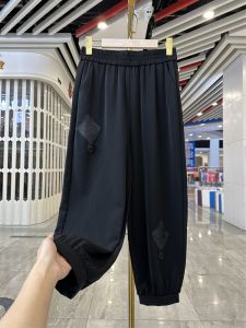 กางเกงขายาวทรงตรงเอวสูงผ้าไหมน้ำแข็งแฟชั่นสำหรับคุณแม่ กางเกงขายาวทรงสลิมฟิตสำหรับผู้หญิงวัยกลางคนและผู้สูงอายุ ฤดูร้อน 2024