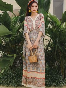 Moms Summer Dress Noil Poplin Dress Plus Size Slim Looking Middle-Aged and Elderly Womens Dress Mid Length Long Length Floral over-the-Knee Cotton Silk Dress