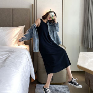 Ice Silk T-Shirt Dress Summer Outdoor Wear Inner Match Fresh Style Sleeveless Knitted Vest Dress Midi A-Line Skirt