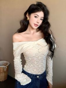 GUZILIAN | เสื้อเชิ้ตคอวีลูกไม้แขนยาวทรงเข้ารูปสำหรับผู้หญิง ฤดูใบไม้ผลิและฤดูร้อน สไตล์ใหม่ เสื้อผ้าทำงานสไตล์เกาหลี เส้นใยโพลีเอสเตอร์