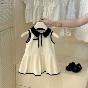2 3 4 5 6 7-year-old Girl Casual Clothes Black and White Korean Version Lapel Sleeveless Pleated Vest Dress Summer Thin