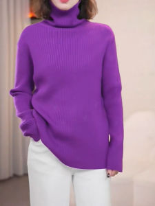 QINGNAER | Autumn and Winter Purple High Neck Knit Sweater Vertical Stripes