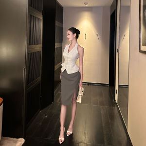Cotton Waist-defining V-neck Vest Grey High-waisted Slit Pencil Skirt Set