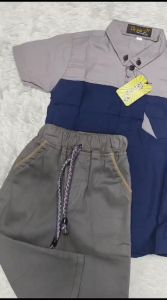 Stelan kemeja anak laki-laki kombinasa cinos premium navy/abu usia 0-12 tahun bahan premium