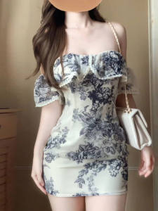 CHANGTONG | Off-Shoulder Bodycon Dress Fashionable Elegant Print