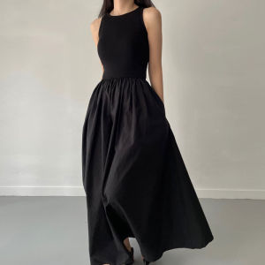 Korean Dress Brand NUOVPAUL: 2024 New Round Neck Small Grid Pleated Large Swing Sleeveless Dress Long Skirt