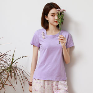 Pure Cotton Short Sleeve T-Shirt Womens Summer New Two-Piece Set Button-Up Top Silk Long Pants Floral Print Ensemble