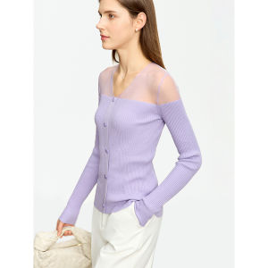 AMII | Ice Silk & Organza V-Neck See-Through Mock Button Sweater