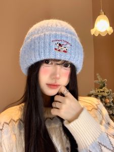 Warm Knitted Cartoon Embroidery Womens Hat Autumn Winter Fashionable Face Slimming Cute No-Cuff Knit Hat Non-Adjustable