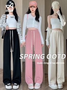 MiiOW | Quần ống rộng bằng lụa băng cạp cao cho nữ mùa hè 2025 Quần dài ống đứng rộng rãi đa năng thường ngày