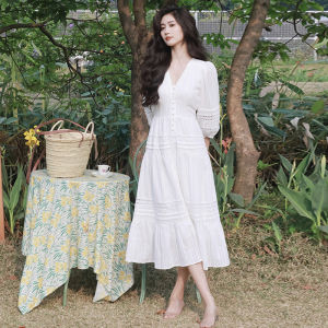 Ethmmia Summer White Puffy Sleeve V-Neck Dress Womens Beach Vacation Fairy Long Dress Cotton Polyester High Waist A-Line Skirt