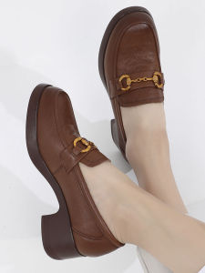 Comfortable Fashion Leather Shoes for Women Soft Bottom Thick Heel Spring Autumn Middle-Aged Single Shoes Metal Embellished round Toe Casual