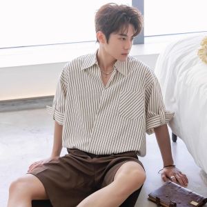 Korean Style Mens Short Sleeve Shirt Summer Commute Simple Striped Half Sleeve Shirt Loose Fit Regular Length Summer 2025