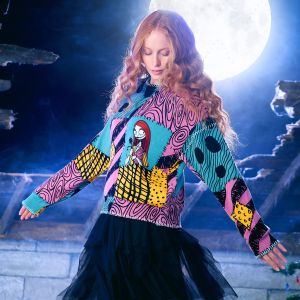 เสื้อฮู้ดผู้หญิงลาย Sally สำหรับวันฮาโลวีน สไตล์ The Nightmare Before Christmas คอกลม ลาย 3 มิติ เสื้อฮู้ดฤดูใบไม้ร่วง/ฤดูหนาว เสื้อผ้าสำหรับพ่อแม่ลูก