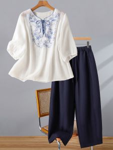 V.C.I | Chinese Ethnic Style Embroidered Cotton-Linen Womens Set