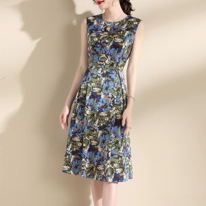 New Arrival Ink Wash Autumn Sleeveless Satin Print Vest Dress Slimming Floral Patterned mid Waist Commuter Style round Neck