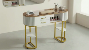 Premium Makeup Vanity Desk White Gold Fluted Design Home Salon Luxury Makeup Cabinet Bedroom Womens Makeup Table